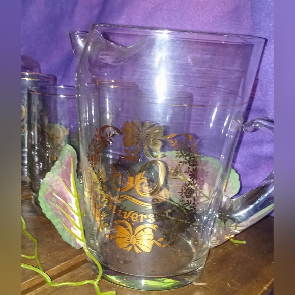 Vtg. 50th Golden Anniversary Drink Glass Set of 8, 6 Cups, Pitcher, & Candy Dish - Picture 4 of 8